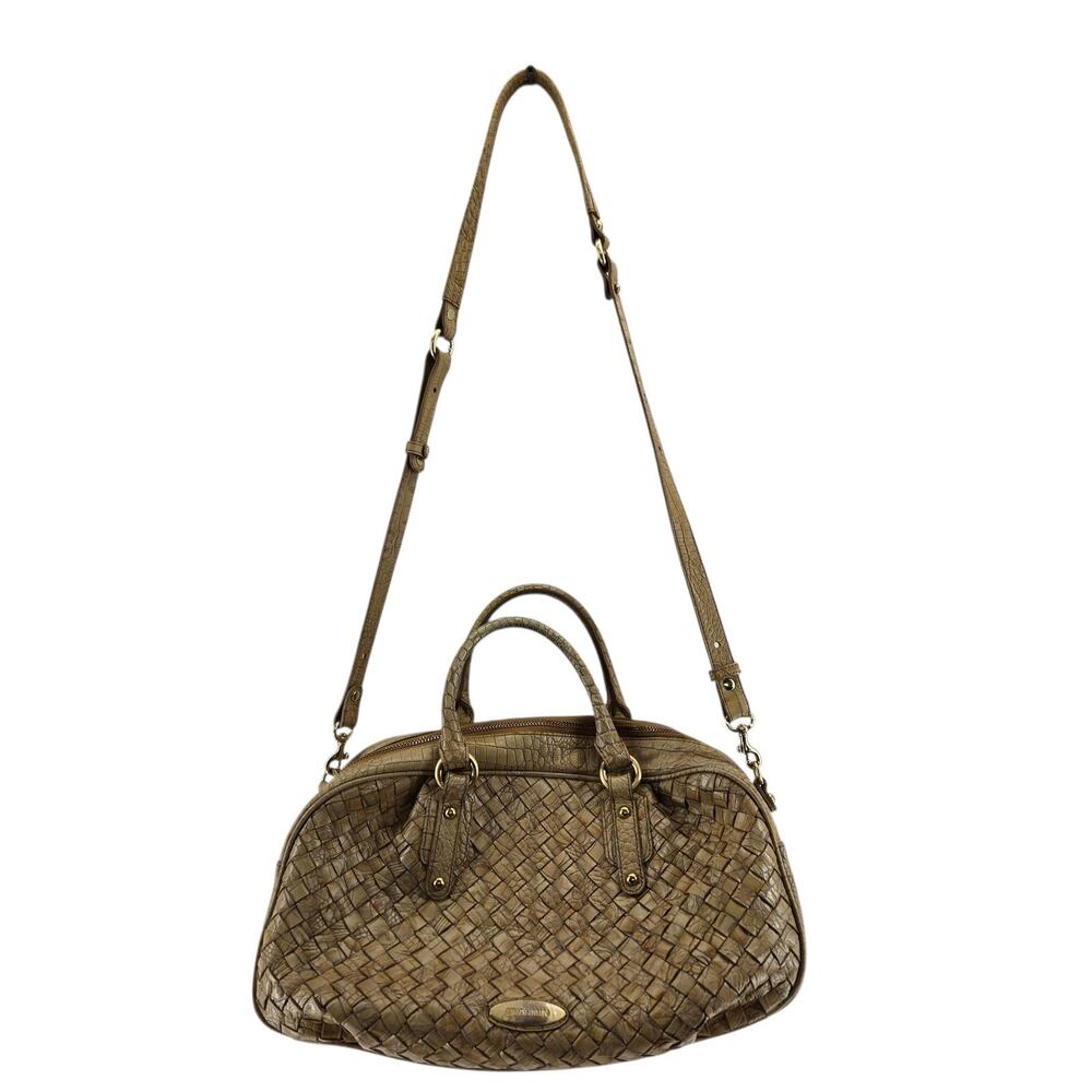 Authentic Brahmin Crossbody Satchel Tan Beige Basket Weave Gold Tone Hardware - Picture 2 of 12